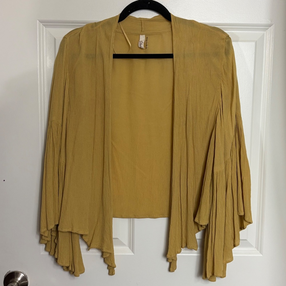 Elan Mustard Yellow Crinkle Rayon Tiered Bell Sleeve Open Front Cardigan OS